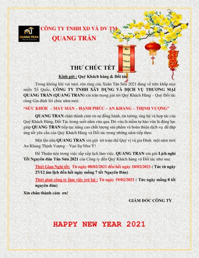 THÔNG BÁO LỊCH NGHỈ TẾT NGUYÊN ĐÁN TÂN SỬU 2021